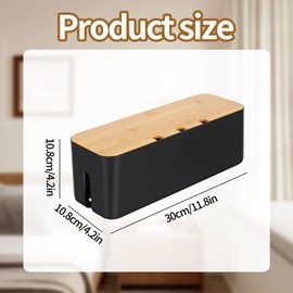 Cable Tidy Box, Cord Organizer Box with Wooden Lid, 36 x 13 x 13 cm (Black)