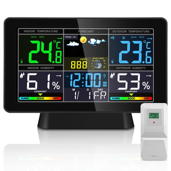 zerotop Weather Station Wireless Indoor Outdoor Thermometer Color Display Weather Forecast Station with Humidity/Barometric/Moon Phase/Alarm Clock, LCD Digital Weather Station with Outdoor Sensor