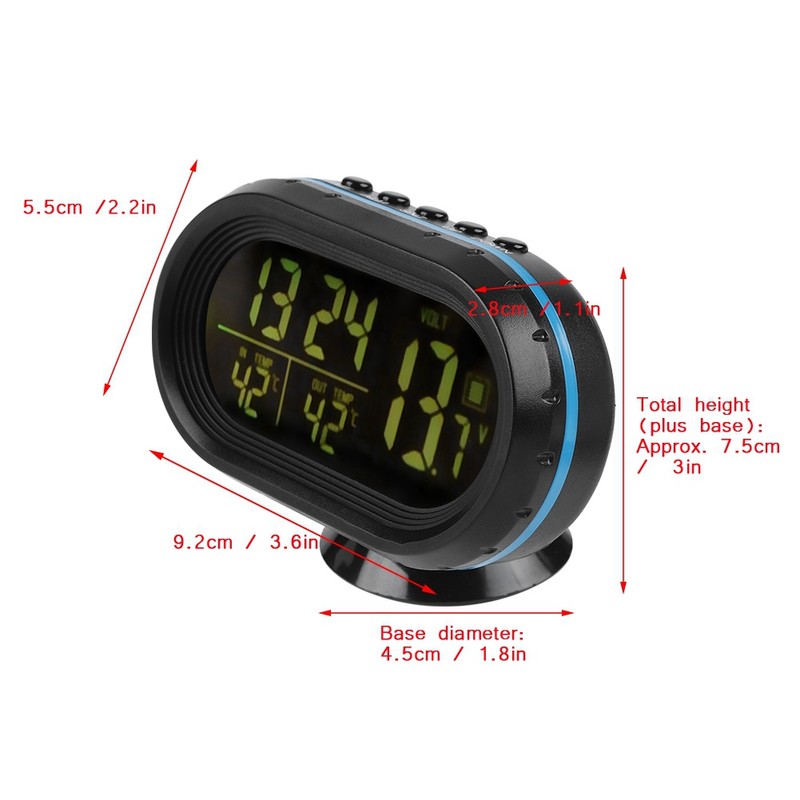 Luminous Clock Car Thermometer Temperature Display Voltage Monitor 12/24H Black