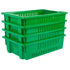 Hudson Exchange 20 x 13 x 5.6" (4 Pack, 4.5 Gallon) Agricultural Nest and Stack Vented Crate Handled Storage Container Tote, Green