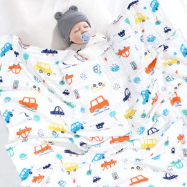 Hivia Muslin Baby Blanket, 6-Layer Cuddly Blanket, Baby Cotton Muslin Blanket, Children's Swaddle Blanket, Soft Bath Towel, Children's Blanket for Newborns, Girls, Boys, 110 x 110 cm (Colourful Car)