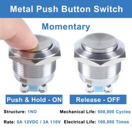 2-Pack 22mm Momentary Metal Waterproof Push Button Switch 7/8" Mounting Hole Screw Terminals 12V 24V 110V 250V 5A 1NO High Round Head