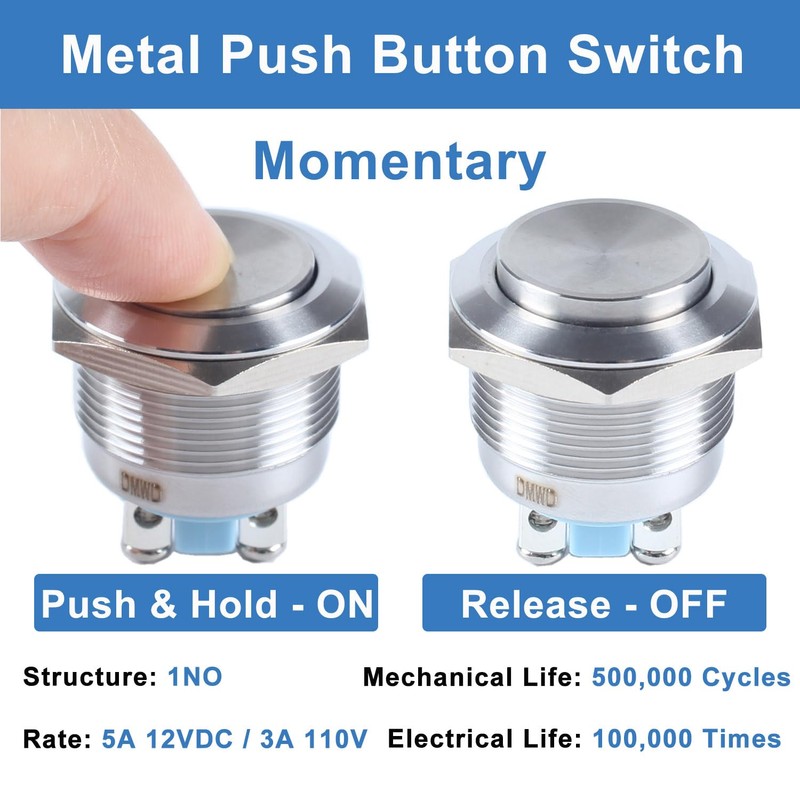 2-Pack 22mm Momentary Metal Waterproof Push Button Switch 7/8" Mounting
