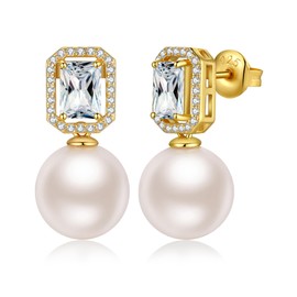Pearl Diamond Stud Earring Sterling Silver Large Gold Plated Pearl Dangle Drop Earring for Women 12MM Cubic Zirconia Jewelry Birthday/Mother's Day Gift ZDaoBen