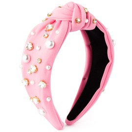 PANTIDE Pearl Jeweled Knotted Headband - Valentine's Day Heart Rhinestone Crystal Pearl Embellished Headband Wide Top Knot Fashion Hairband Accessories Christmas Birthday Gift for Women Girls (Pink)