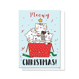 Cute Christmas Greeting Card with Envelope - Kawaii Cat Kitten Penguin X Christmas Cards - Meowy Christmas