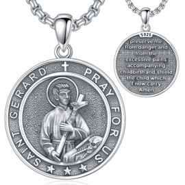 Cargari Saint Gerard Necklace 925 Sterling Silver St Gerard Medal Pendant Protection Jewelry Round Religious Pregnant Patron Medallion Gift for Women Men
