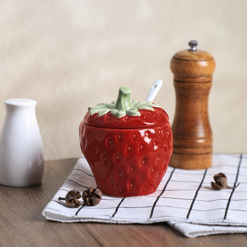 WAIT FLY Strawberry Ceramic Sugar Bowl with Lid, Sugar Container,