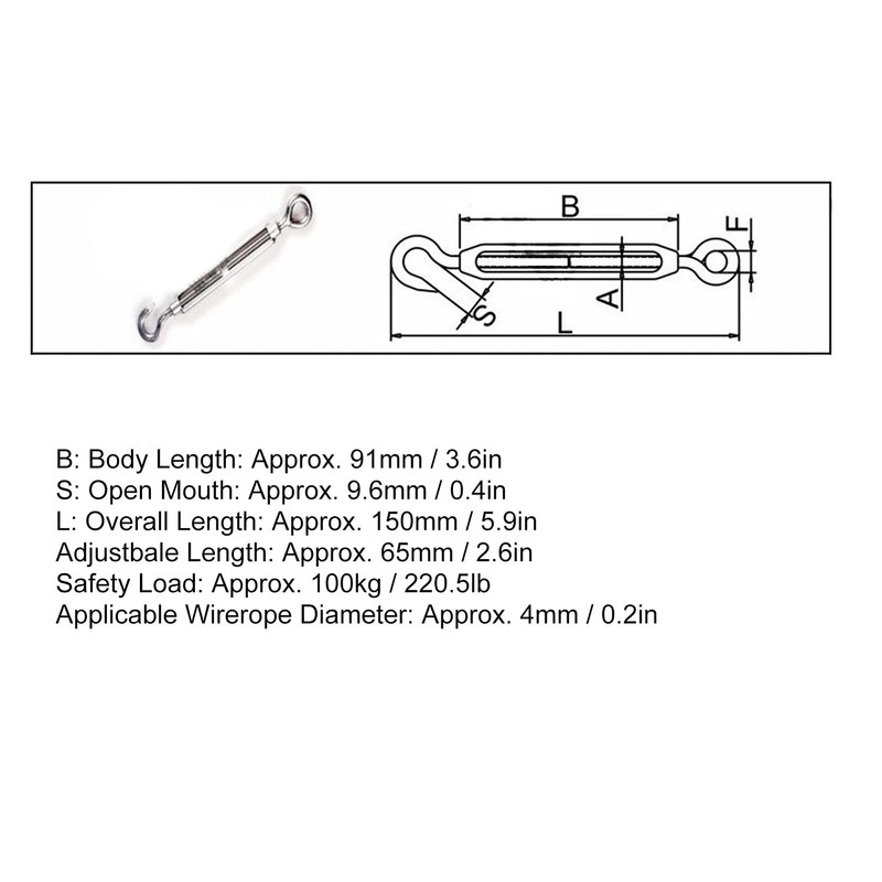 Turnbuckle, M6 Stainless Steel 4pcs Hook-to-Hook Turnbuckle for Outdoor Use