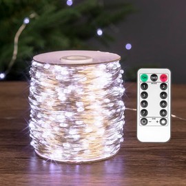 PCORES - Guirnalda de luces de hadas de 100 pies, 300 LED, color blanco frío, cable plateado, control remoto para interiores y exteriores, para recámara, sala de estar, patio, porche, jardín, árbol de