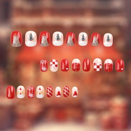 24Pcs Christmas Press on Nails Short Square Christmas Cute Fake Nails Red False Nails with Glitter Stripe Designs Full Cover Snowflake Pattern Christmas Nails Winter Extra Short Nails for Women Girls