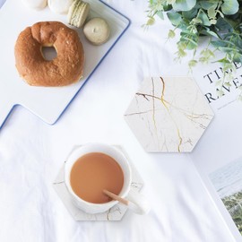 Marble Coasters for Drinks Absorbent with Cork Base, 6pcs Drink Coasters for Wooden Table with Metal Holder, Gold Ceramic Cup Coaster Set Home Decor for Housewarming (Luxury White Gold Marble 05)