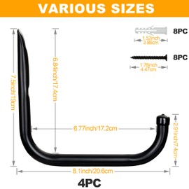 KURUI KURUI Ladder Hooks for Garage Wall, 4 Pack Large Garage Storage Hanger for Bike Extension Cord Tool Cable, Wall Mount l Utility Hooks, Black Heavy Duty 8 inch Long Hooks