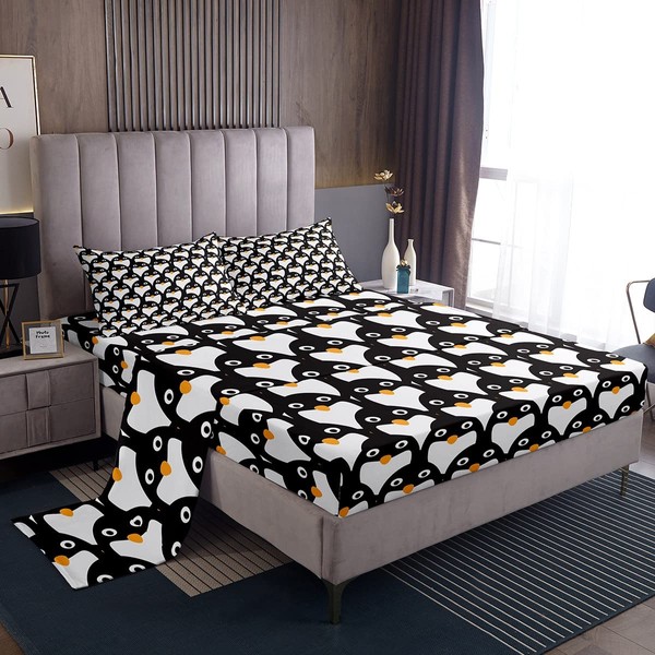 Kids Cartoon Penguin Sheet Queen Size,Arctic Snow Animals Bedding Set