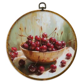 XPH Vintage Cherry Fruit Kitchen Round Wall Art Framed, Retro Cherry Circle Wall Decor, Farmhouse Fruit Hanging Canvas Prints for Kitchen Dining Room Home Decoration, 10x10 Inch