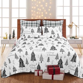 FRAMICS Christmas Quilt King Size, 3 Pieces Christmas Tree Quilt Sets with 2 Pillow Shams, Merry Christmas Beding Set Reversible Soft Lightweight Quilts, Grey Christmas Bedspread Coverlet, 106"x96"
