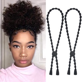 AICILY Afro Puff Drawstring Ponytail Ties Adjustable Length Hairband for Short Kinky Curly Hair Bun Long Cushioned Headband Ties for Women with Thick, Braided, Kinky, Curly, Natural Hair Extra Stretchy Hiarties (Black-2)