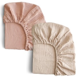 COSMOPLUS-Muslin-Crib-Sheets-for-Girls-Boys-Neutral-Baby,2 Pack Boho Crib Matress Sheet,Fitted Crib Sheet for Standard Crib Mattress & Toddler Bed Mattress,Organic Cotton,Pale Khaki & Coral