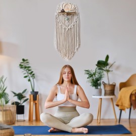 Artilady Macrame Wall Decor Lotus Dream Catcher with Healing Crystal Stone Macrame Wall Art Boho Decor Boho Tapestry Wall Hanging Lotus Flower Decor Gifts for Friends Woman