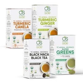Organic Side - Pack de 4 Té Orgánico Colección Bienestar 80 Bolsitas, Incluye Té Negro con Cúrcuma, Té Verde con Jengibre, Mezcla Super Greens con Moringa y Té Negro con Maca Negra, Certificado USDA