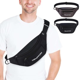 2 Pack Large Crossbody Fanny Pack - 3 Zipper Pockets with Adjustable Waist Strap - Waterproof Sling Bag for Men Women for Travel Running Hiking Sports Casual Waist Pack -Fits Phones Wallets Essentials