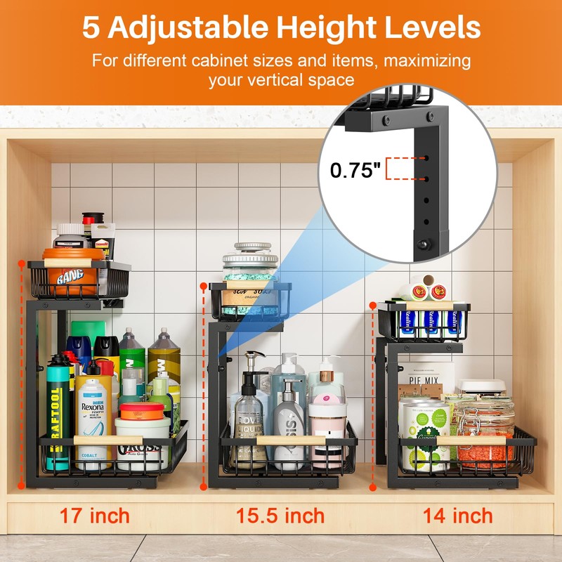 REALINN Under Sink Organizer, 2 Pack Height Adjustable Under Sink