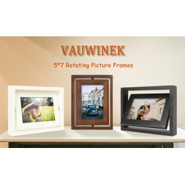 VAUWINEK 5x7 Double-Sided Rotating Floating Picture Frames (2 Pack, Walnut), Solid Pine Wood with Real Glass for Horizontal Vertical Standing Display Desk Tabletop Photo Frames