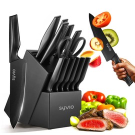 Syvio [MotherDay] Syvio 14/21 Pcs Kitchen Block Knife Set with Block, Sharpener, Heavy Poultry Shears and 6pcs Serrated Steak Knives Razor-Sharp, Anti-Slip Handle - Color: Black-1pcs