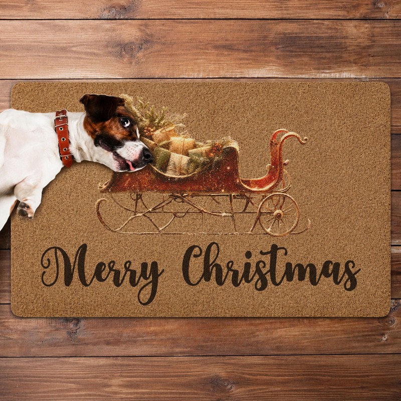Rustic Sleigh Doormat, Merry Christmas Welcome Mat Artificial Coir Non