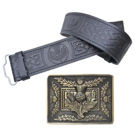 Leather Kilt Belt and Buckle Set, Scottish Thistle Embossed Belt with Silver Antique Celtic Knot Buckles Crafted Pewter – Kilt Belts For Men (Thistle Crest, Brass - Antique, 2XL, 50-54 Inch)