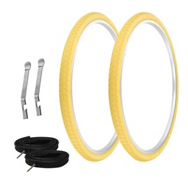 PRO+ Pair of Bicycle TIRE 700 X 38C Yellow/Yellow SIDEWALL Pair of Tires W/Heavy Duty Tubes 60MM Presta Valve & TIRE LEVERS G-5001
