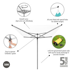 Brabantia Topspinner Outdoor 4 Arm Spinning Clothesline (164 ft/Ø 1.8") Rotating, Folding Clothes Drying Rack + Concrete Ground Tube (Gray)