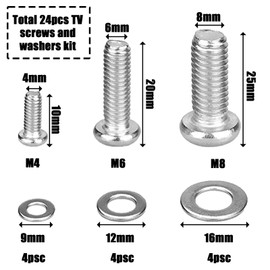 Universal TV Bracket Screws Kit, M4, M6, M8 Stand Screws, 12PCS Monitor Mounts Bolts, 12PCS Stainless Steel Washers, Flat Round Head Screws, TV Mounting Hardware Set for Bracket Fixing