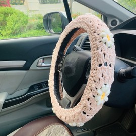 OnEternal Funda de volante de ganchillo hecha a mano para mujeres y niñas, funda de cinturón de seguridad rosa claro, accesorios de decoración para el interior del coche. (Funda para volante)