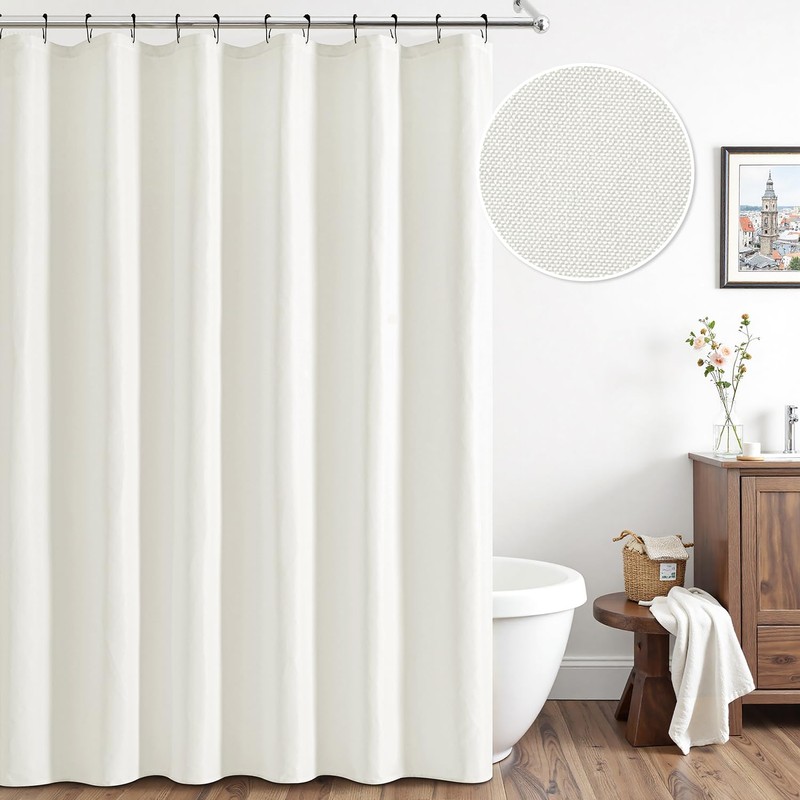 ANRODUO Fabric Shower Curtain with 12 Metal Hooks, White Cloth