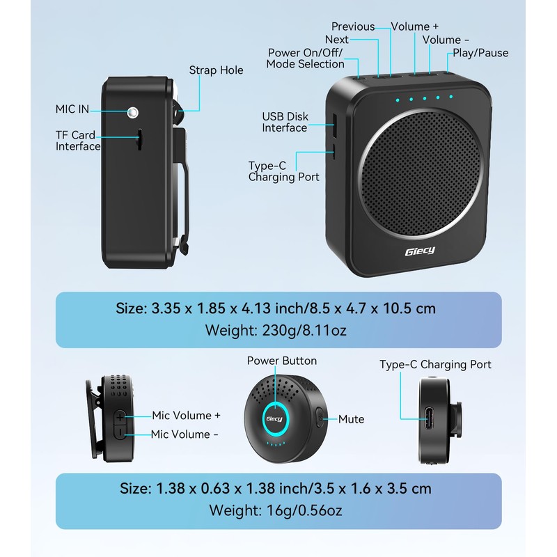 Portable Voice Amplifier with Wireless Lapel Microphone, Personal Microphone for