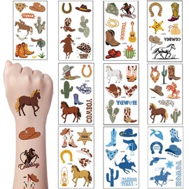 Qpout 10 Sheets Cowboy Temporary Tattoos Western Horse Rodeo hats Boots Face Fake Tattoos, Boys Cowboy Crafts Western Party Temporary Tattoo Horse Sticker Cowboy Party Favors