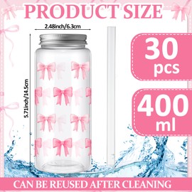 Skylety 30 Pcs Coquette Bow Aesthetic Cup Plastic Tumbler with Lids and Straws 13.5 oz Reusable Cute Plastic Cups for Women Sea Summer Birthday Bridal Wedding Party Supplies