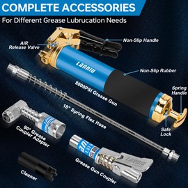 LANNIU Grease Gun Kit, 8000 PSI Heavy Duty Pistol Grip Grease Gun with 14 OZ Capacity, Includes 0.53" Grease Coupler & 90° Grease Adaptor, Grease Guns for Automotive, Agricultral, Industrial, Marine