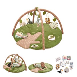 TINITIGIES Baby Play Gym Mat - Jungle Safari Activity Mat with 8 Detachable Toys for Sensory Development - Thick, Oversized, Washable and Non-Slip Bottom Playmat - Perfect Tummy Time Mat for Baby
