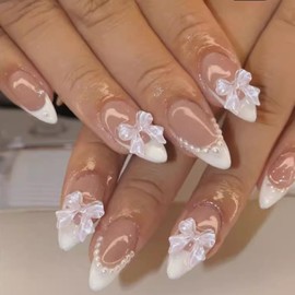 24pcs Almond Nails French Tip - False Nails with Bow - Elegant Press on Nails French Tip with Small Pearl - False Nails with Glue Glossy Full Cover Removable Nail Art Gifts for Women