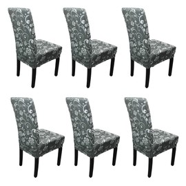 Printed High-Back Chair Covers for Dining Room Chairs – Spandex Stretch, Universal Armless Chair Protective Slipcover for Kitchen, Wedding, Party, Banquet & Hotel, Eye Floral - Grey, Pack of 6