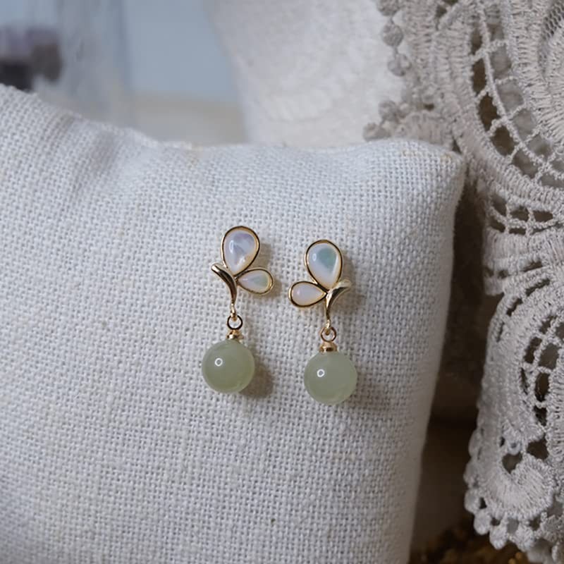 LOOYUUPEE Natural Hetian Jade & Butterfly Pendant Gold Earrings for
