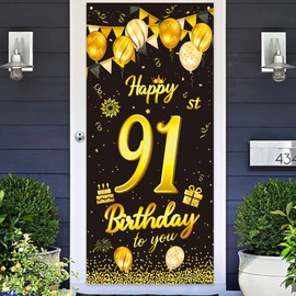 wongmode Happy 91st Birthday to You Door Banner Backdrop Black Gold Sign Theme Party Decor Picks for 91 Years Old Birthday Bunting Garland Decorations Supplies
