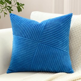 Sungeek Set of 1 Soft Corduroy Decorative Cushion Cover 45x45cm Striped Pinwheel Patchwork Textured Throw Pillow Cases Farmhouse Solid Square Pillow Covers 18x18 Inch for Sofa Bed Couch, Blue