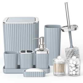 Umimile Grey Bathroom Accessories Set, 9-Piece Bathroom Set with Toothbrush Holder, Toothbrush Cup, Soap Dispenser, Soap Dish, Vanity Tray, Toilet Brush Holder, Qtip Holder and Trash Can