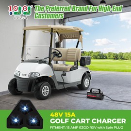 10L0L Golf Cart Charger 48V 15A Rapid Charger for EZGO RXV - IP67 Waterproof, Auto Shut-Off, Smart Cooling, Aluminum Housing, Charging Indicator (Black)