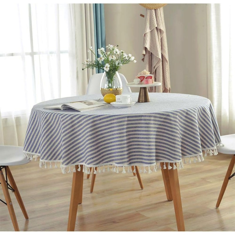 meioro Round Tablecloths Striped Fringe Tablecloth Cotton Linen Table Cover