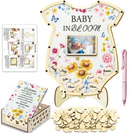 Baby Shower Guest Book Alternatives Onesie Shaped Wooden Sign in Guestbook Alternatives with Photo Frame, Pen, Box, Heart Wood Slices for Gender Reveal Party Decoration for 60 Guests
