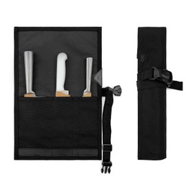 Under NY Sky Knife Roll Case - 3 Slots - Heavy Duty Oxford Canvas Pouch - Leather Reinforced - Portable Bag for Cooking Tools, Utensils, Cutlery Knives, Brushes - Chefs, Kitchen, Travel, Gift - Black